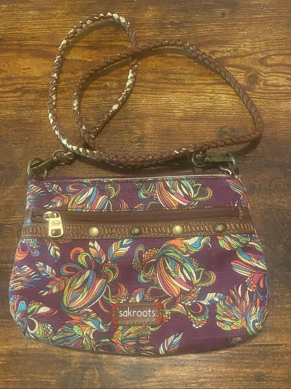 Sakroots Boho Artisan Crossbody Bag Floral Bird Purple Women